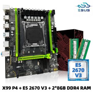 ZSUS X99 P4 Motherboard Set Kit With Intel LGA2011-3 Xeon E5 2670 V3 CPU DDR4 16GB  (2*8GB) 2133MHZ RAM Memory NVME M.2 SATA