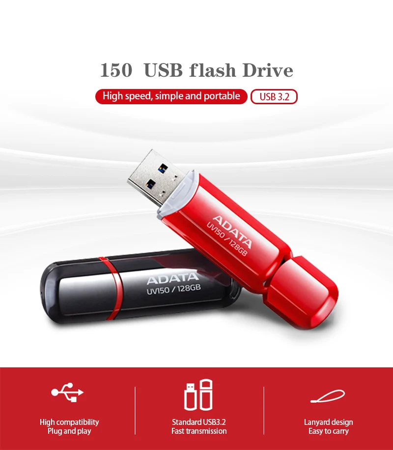 ADATA USB 3.2 Flash Drive UV150 Black and Red Pen Drive 32GB 64GB 128GB 256GB Genuine Memory Stick for Laptop and Desktop PC