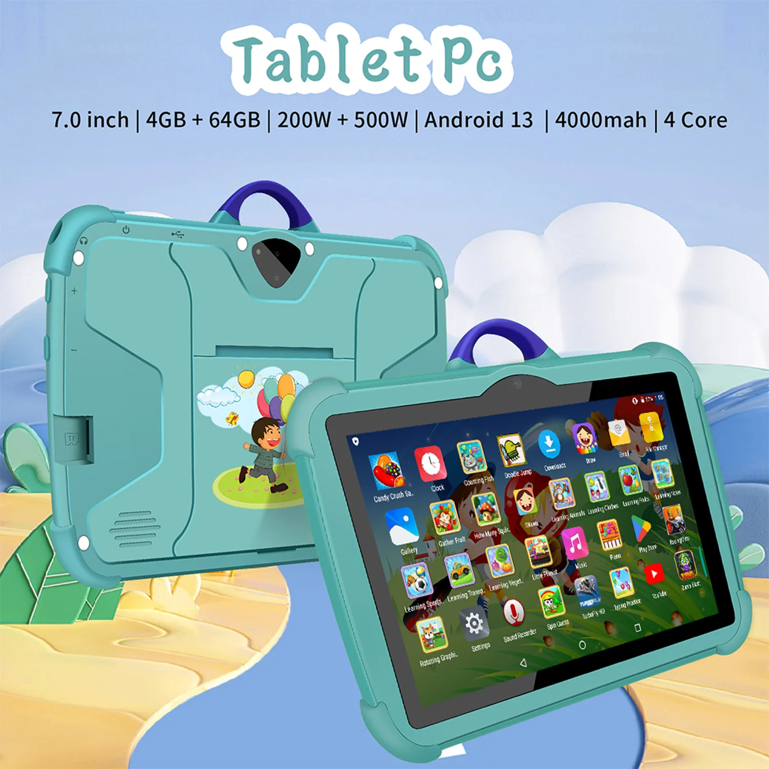 7 Inch Kids Tablet PC with Android 13 Quad Core 4GB RAM 64GB ROM Educational Learning Children's Favorite Cheap Simple Design