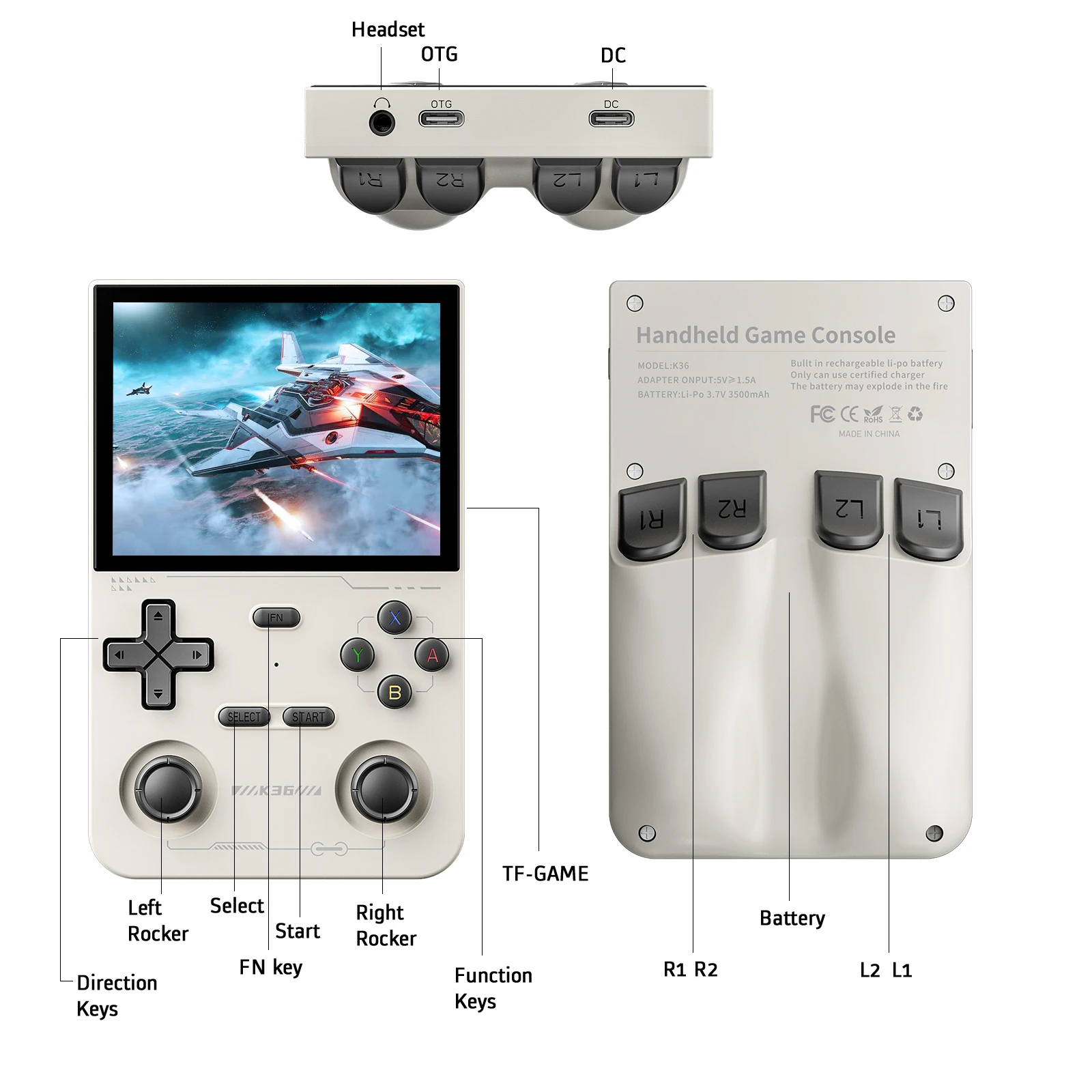 GAMINJA K36 Handheld Game Console 3.5Inch IPS 640x480 Screen Built in 64GB Simulator Games Games Portable Handheld Game Console