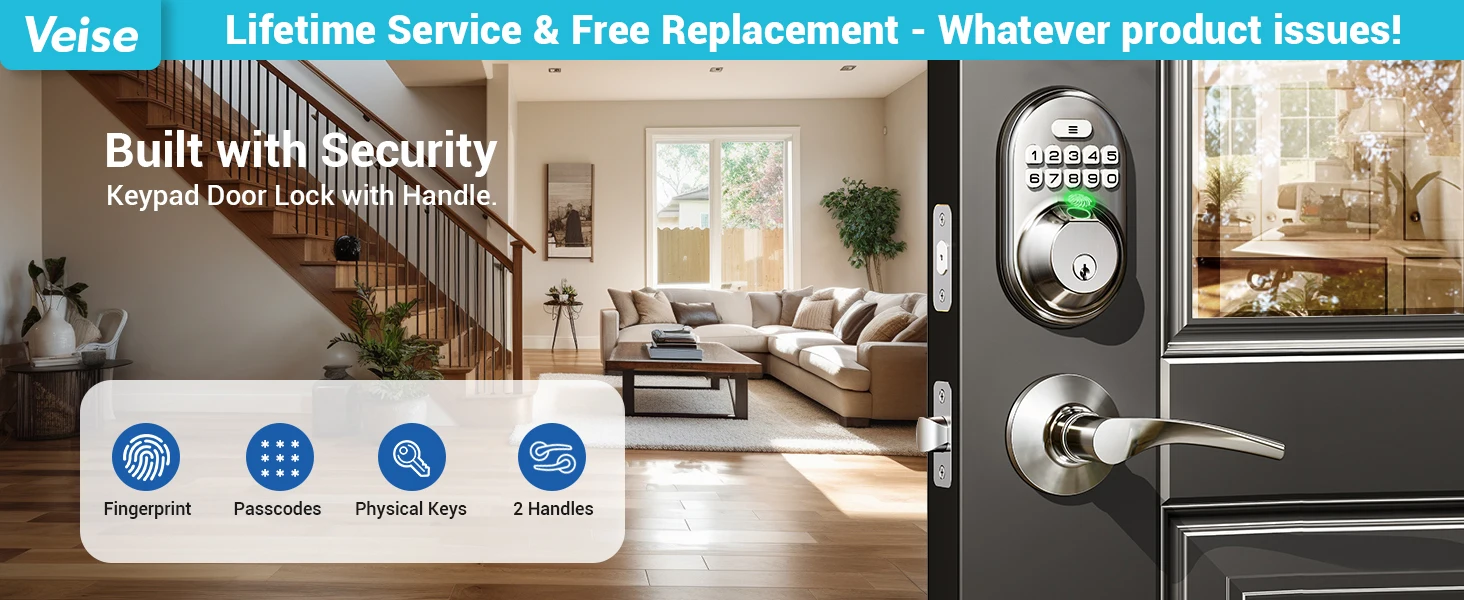 Veise Fingerprint Door Lock with 2 Lever Handles, Keyless Entry Keypad Electronic Deadbolt