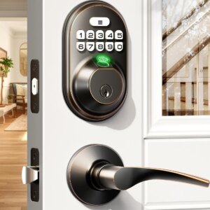 Veise Fingerprint Door Lock with 2 Lever Handles, Keyless Entry Keypad Electronic Deadbolt