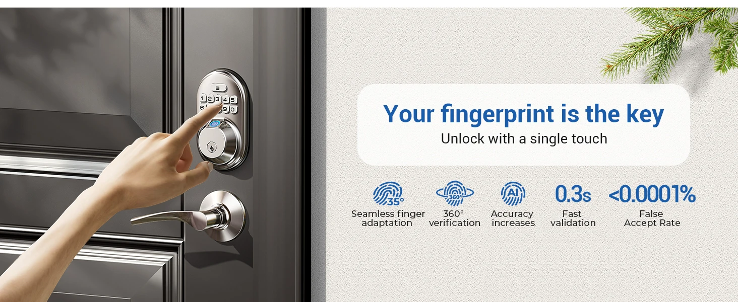 Veise Fingerprint Door Lock with 2 Lever Handles, Keyless Entry Keypad Electronic Deadbolt