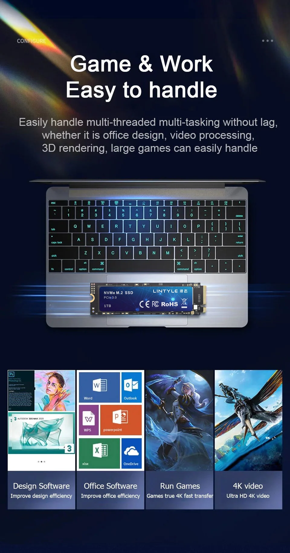 LINTYLE NVME M.2 PCIe 3.0 SSD 256GB Gen3*4 Solid State Drive 2280 Internal Hard Disk HDD for Laptop Desktop