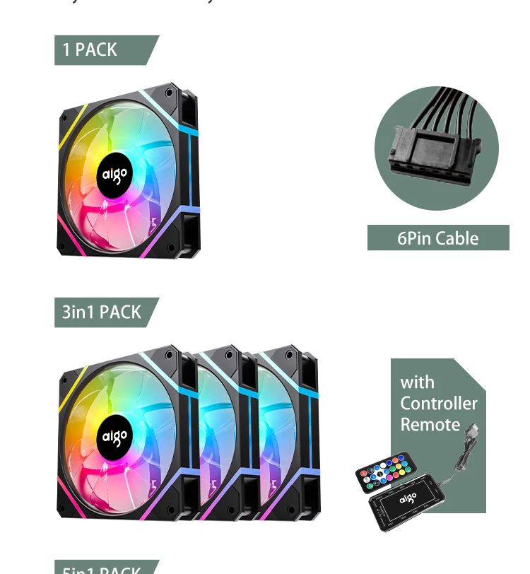 Aigo AM12 Rgb Fan Ventoinha PC Controladora 120mm Computer Case Fan Kit 6pin Water Cooler CPU Cooling Fans Argb 12cm Ventilador