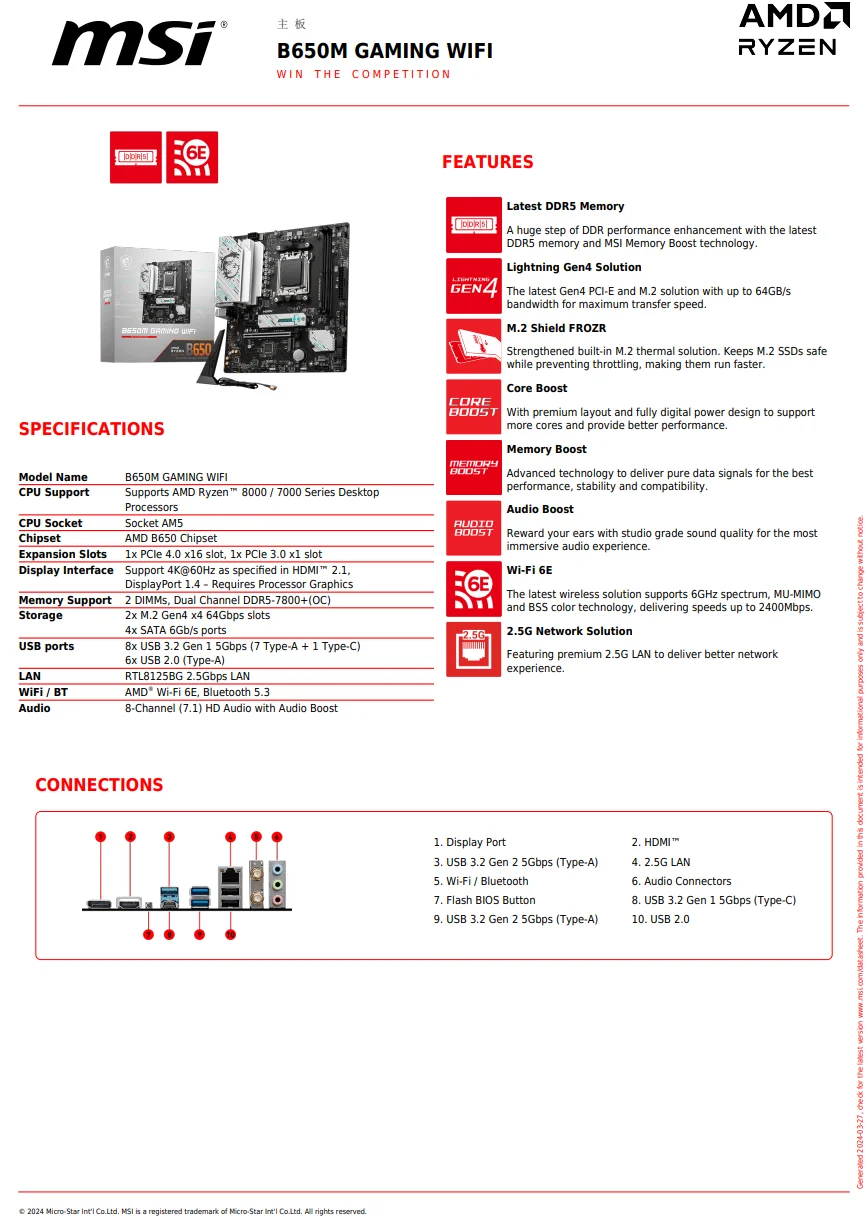 MSI B650M GAMING WIFI New AMD B650 AMD Ryzen ™ 7000 8000 Series motherboard Socket AM5 MSI B650M GAMING WIFI New AMD B650 AMD Ryzen ™ 7000 8000 Series motherboard Socket AM5