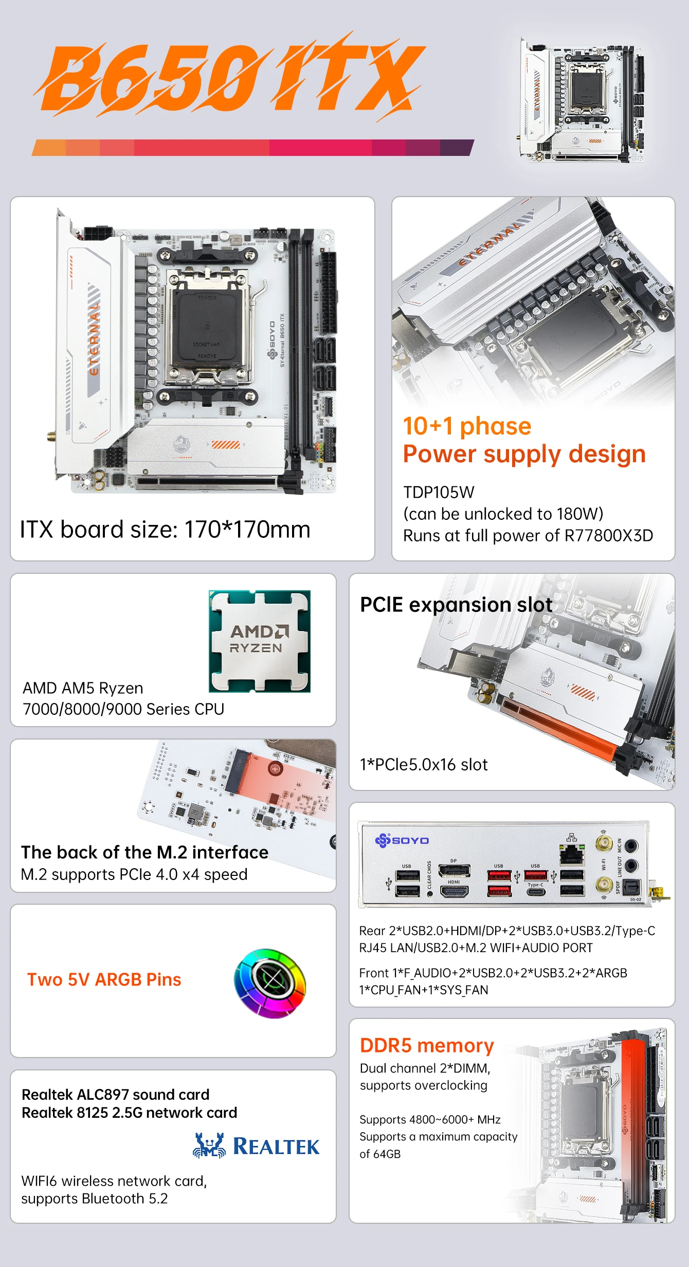 SOYO B650ITX AMD Mini Motherboard AMD Ryzen AM5 DDR5 Supports CPU 7000 8000 9000 Processors Pcie5.0x16 Pcie4.0x4 M.2 ARGB WIFI6