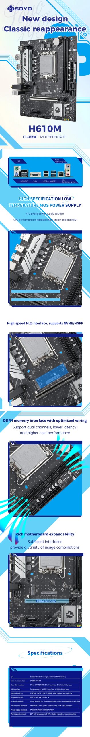 SOYO Motherboard Set H610M LGA1700 with Intel CPU i3 12100F DDR4 (8G*2) 16GB 3200MHz Desktop Computer components SATA3.0 M.2