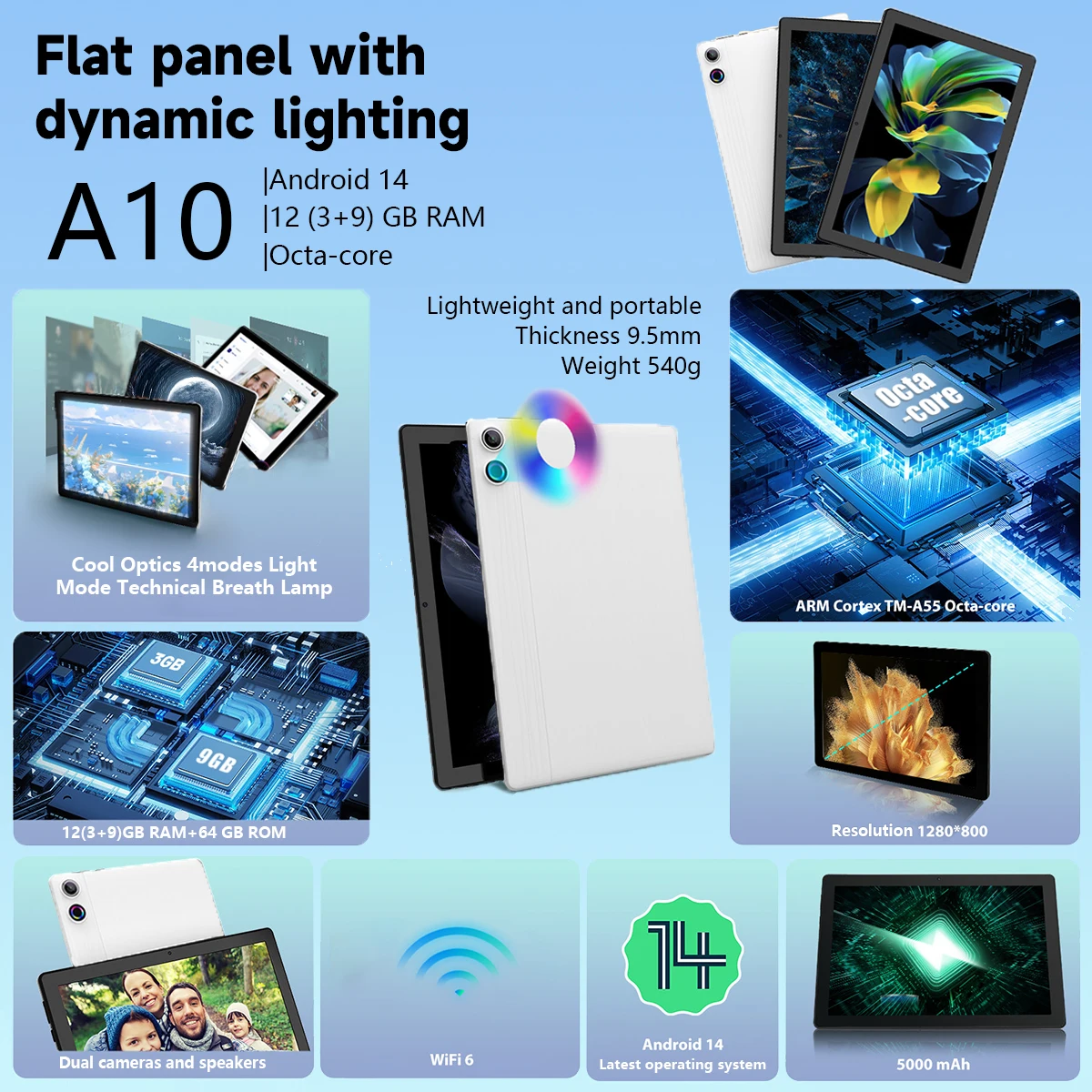 10 Inch Tablet Android 14 A523 Octa Core 12GB RAM 64GB ROM(TF 1TB) 5000mAh Face Unlocked Dual Carmera Keyboard Mouse Set PC Pad - Image 2