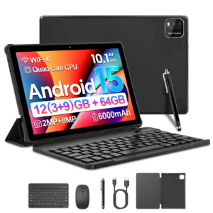 BAKEN 10-inch Android 15 tablet, quad-core processor, 12GB (3+9 expansion) RAM + 64GB storage, 5G WiFi, 1280*800 dual cameras