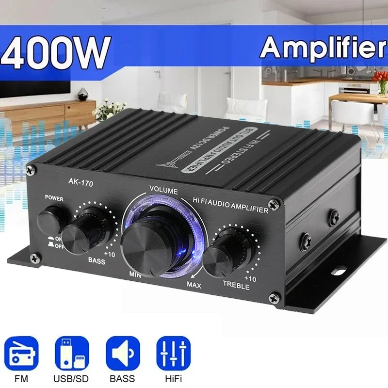 AK170 Mini Digital Power Audio Car Amplifier Blue Light Stereo Audio Amplifier for Home Theater Club Party Music 200Wx2 Power AK170 Mini Digital Power Audio Car Amplifier Blue Light Stereo Audio Amplifier for Home Theater Club Party Music 200Wx2 Power
