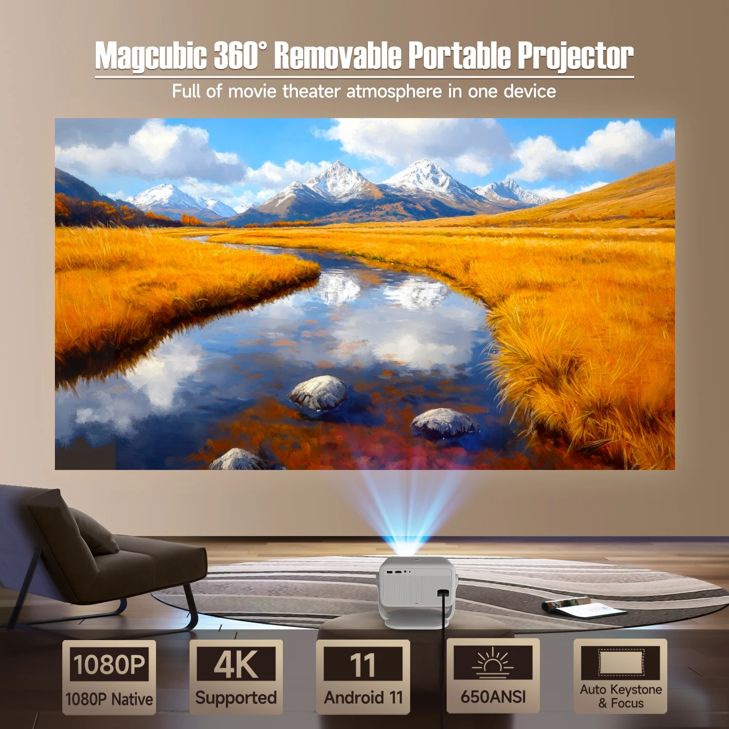 Magcubic 650ANSI L018 Projector 4K Native 1080P Auto Focus & Keystone Correction Android11 BT5.2 WIFI6 360° Portable Home Cinema Magcubic 650ANSI L018 Projector 4K Native 1080P Auto Focus & Keystone Correction Android11 BT5.2 WIFI6 360° Portable Home Cinema