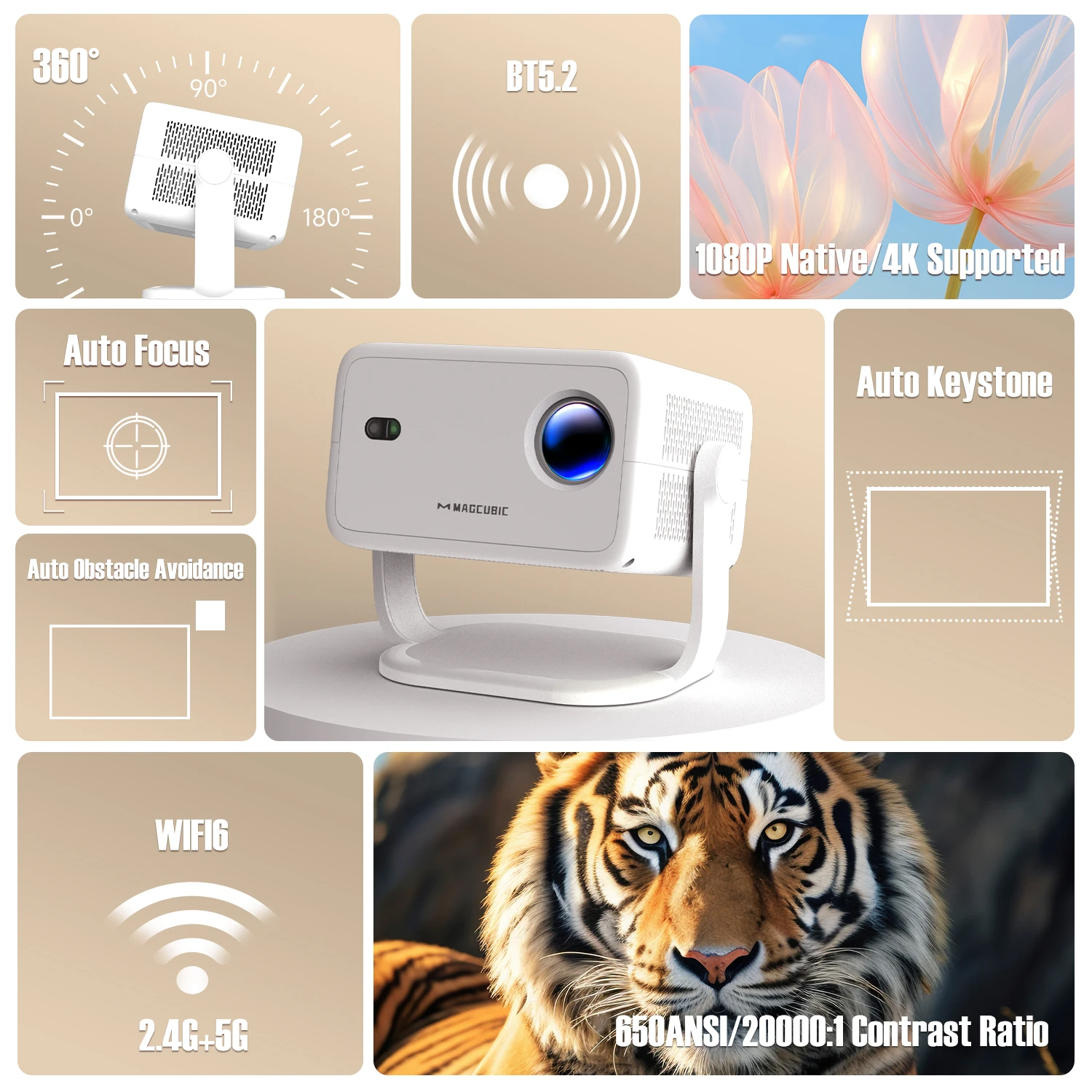 Magcubic 650ANSI L018 Projector 4K Native 1080P Auto Focus & Keystone Correction Android11 BT5.2 WIFI6 360° Portable Home Cinema Magcubic 650ANSI L018 Projector 4K Native 1080P Auto Focus & Keystone Correction Android11 BT5.2 WIFI6 360° Portable Home Cinema