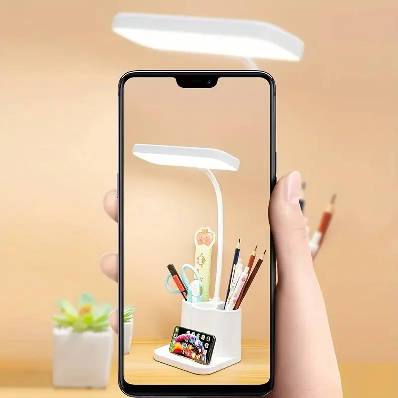 Adjustable LED desktop light with touch, eye protection, 3 color temperature modes, pen holder, USB rechargeable, for reading
