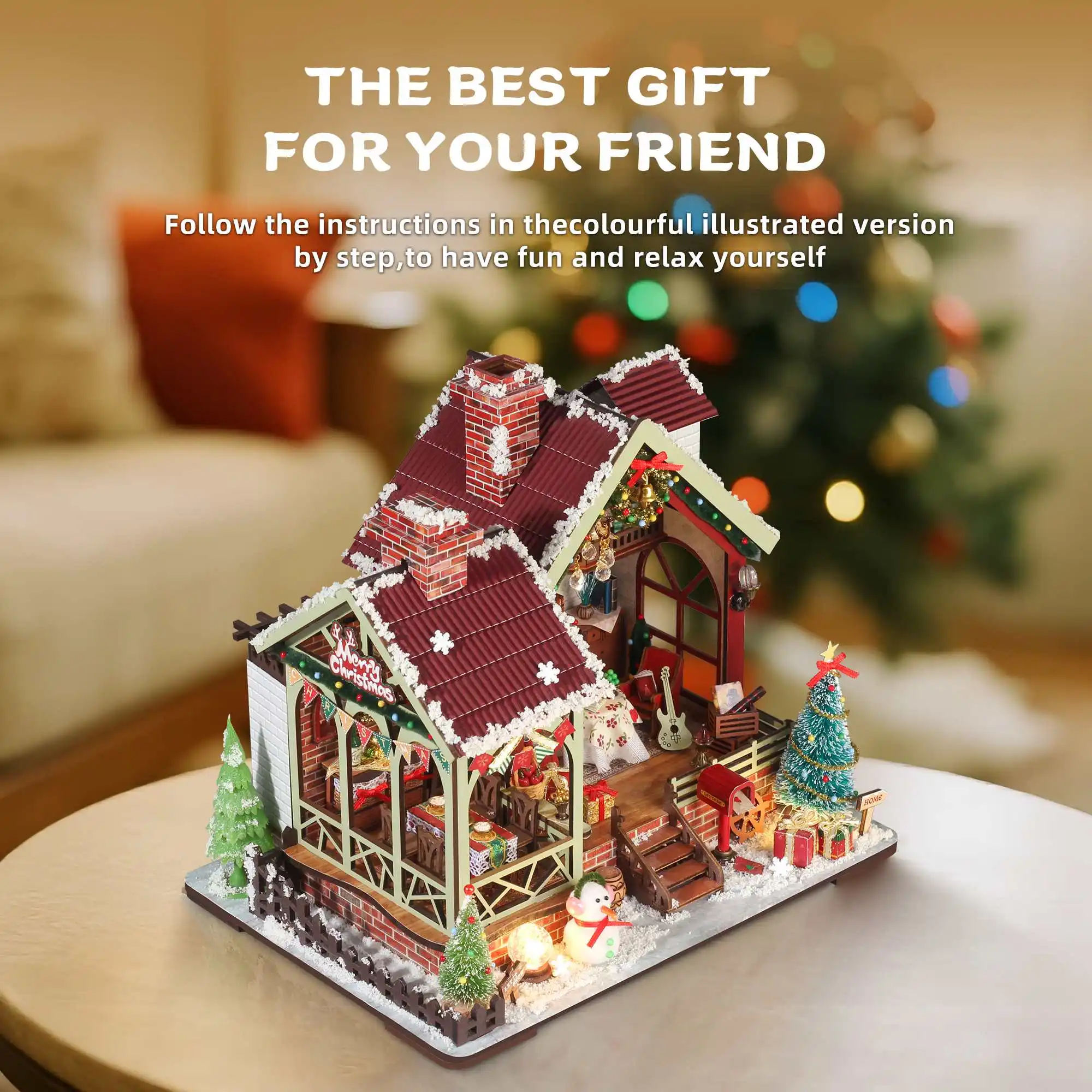 Christmas Night Warm House - Miniature Dollhouse DIY Kit with Music Box, Desktop Decor, Creative Gift (English Color Box) - Image 3