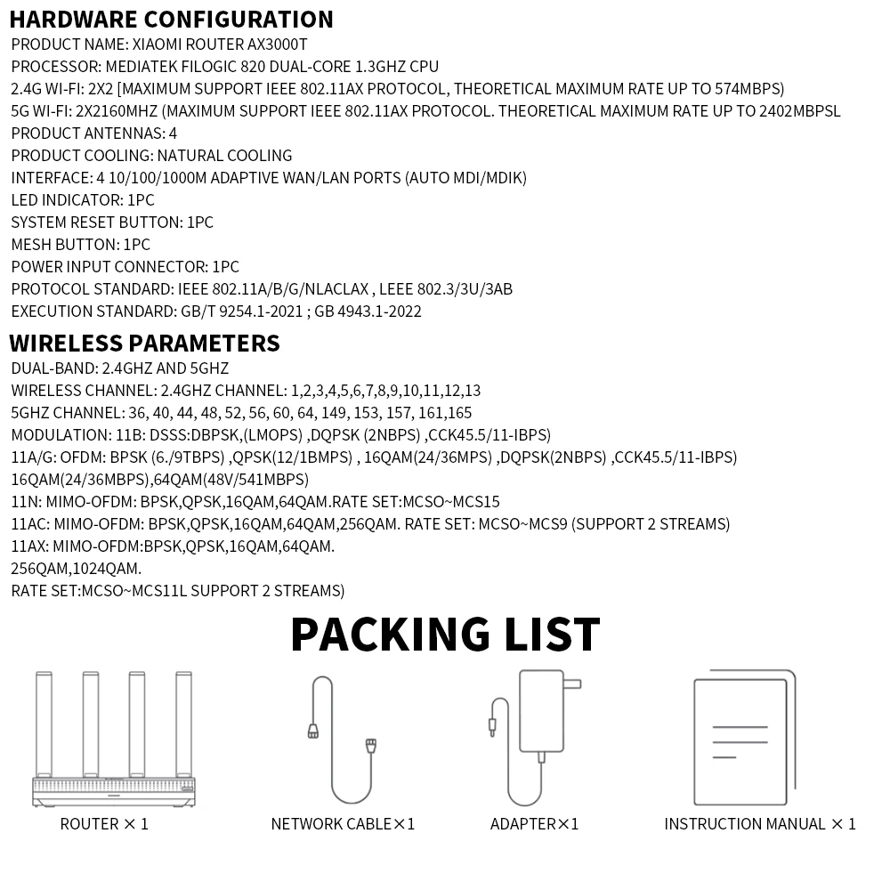 2024 NEW Original Xiaomi AX3000T Router 5GHz 160MHz Broadband 1.3GHz Processor High Speed NFC Connection For Home Office Games