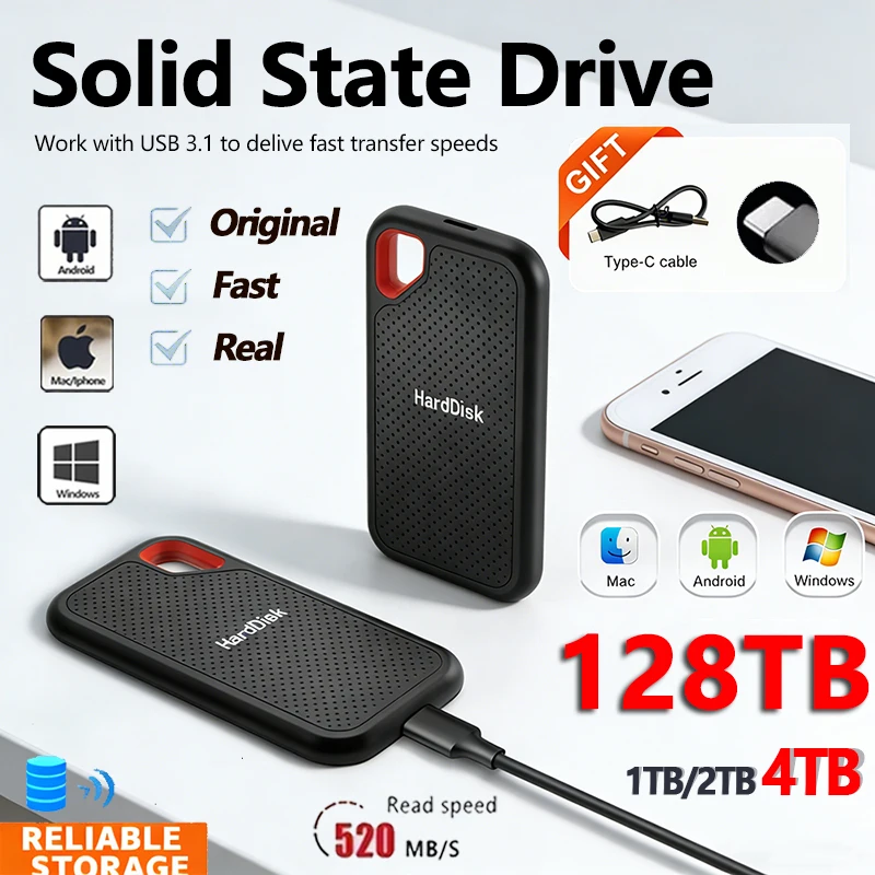 Practical Hard Disk 1TB Efficient External Hard Drive Portable SSD 128TB Large Capacity Solid State Drive for Desktop MAC Phone