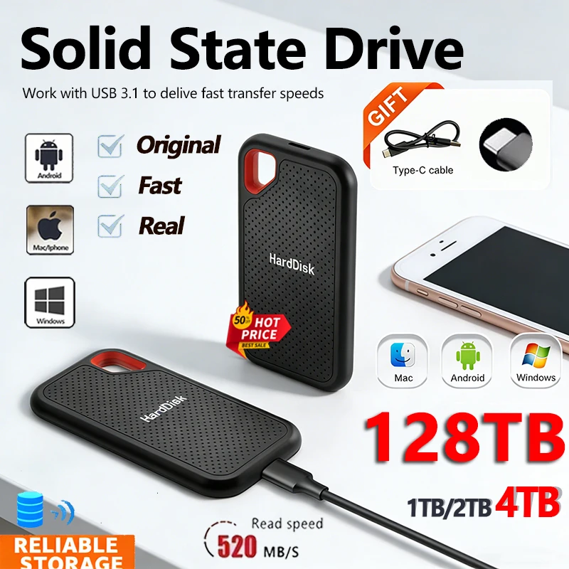 Practical Hard Disk 1TB Efficient External Hard Drive Portable SSD 128TB Large Capacity Solid State Drive for Desktop MAC Phone