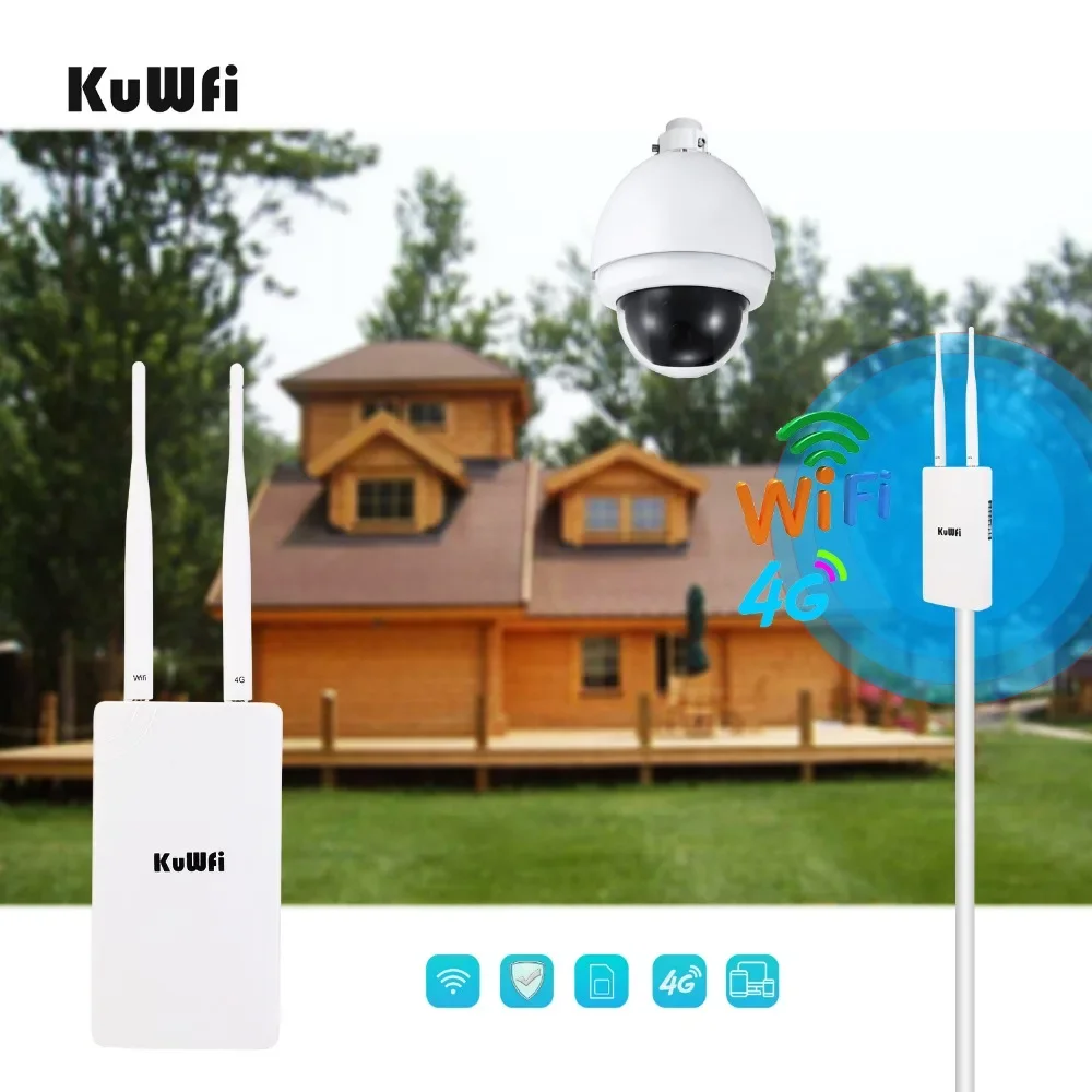 KuWFi Waterproof Outdoor 300Mbps WiFi Router CAT4 4G LTE Routers 3G/4G SIM Card Router Modem for IP Camera/Outside WiFi Coverage