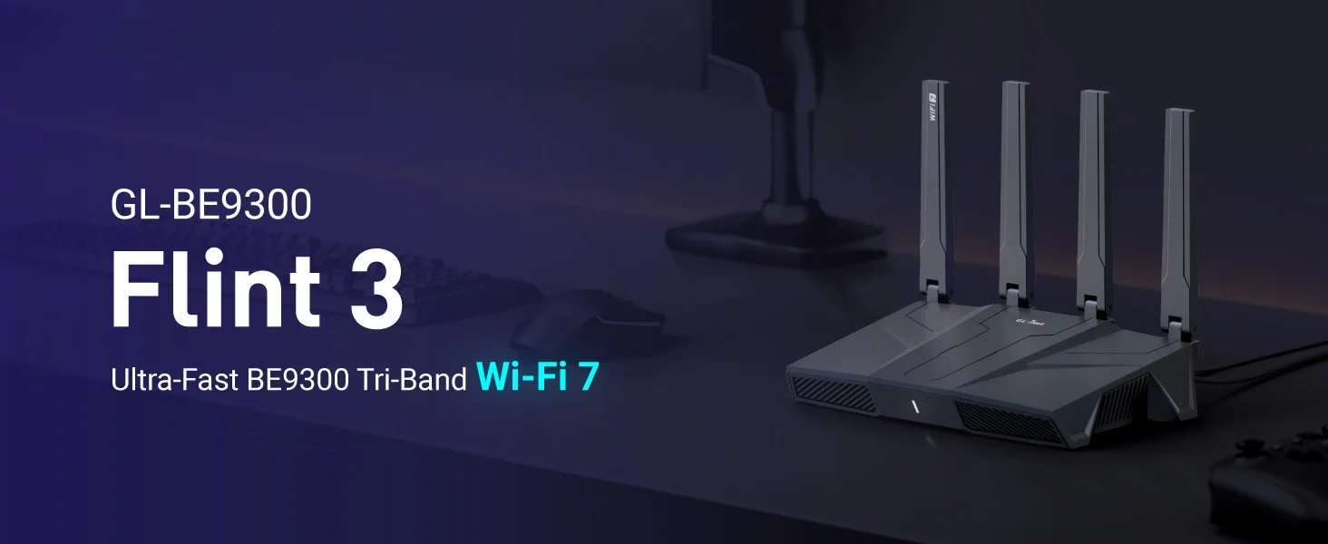 GL.iNet GL-BE9300 Flint 3 Tri-Band WiFi 7 Router High Speed Gaming Long Range 5x 2.5G VPN Compatible with Fiber Optic Modem