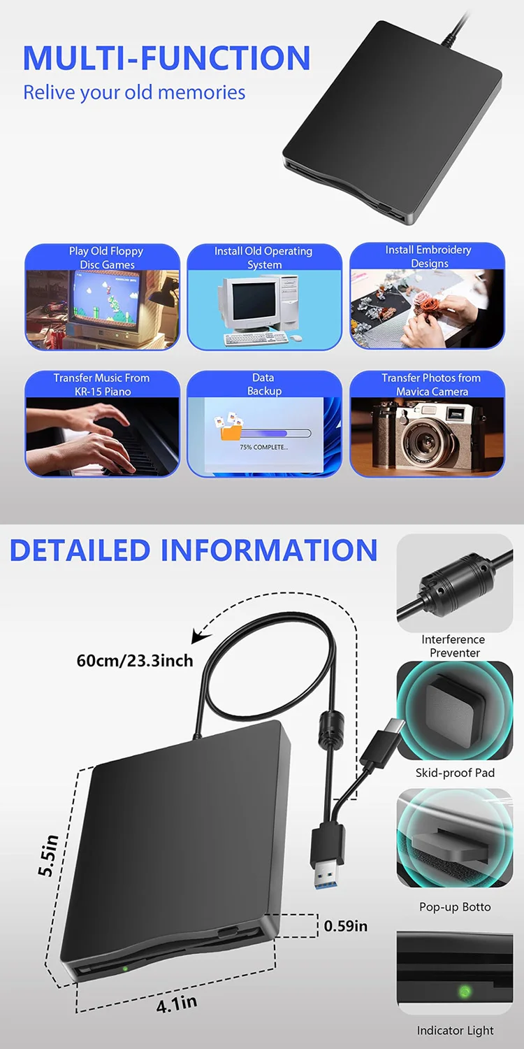 Floppy Disk Reader, 3.5 inch External Floppy Disk Drive with USB Type-C, Portable FDD Floppy Disk Drive for Laptop PC Windows 11
