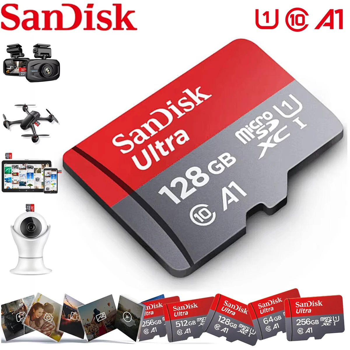 Sandisk 512GB 256GB Memory Card 128GB 64GB 32GB TF Micro SD Class A1-10 UHS-1 Flash Memory Microsd
