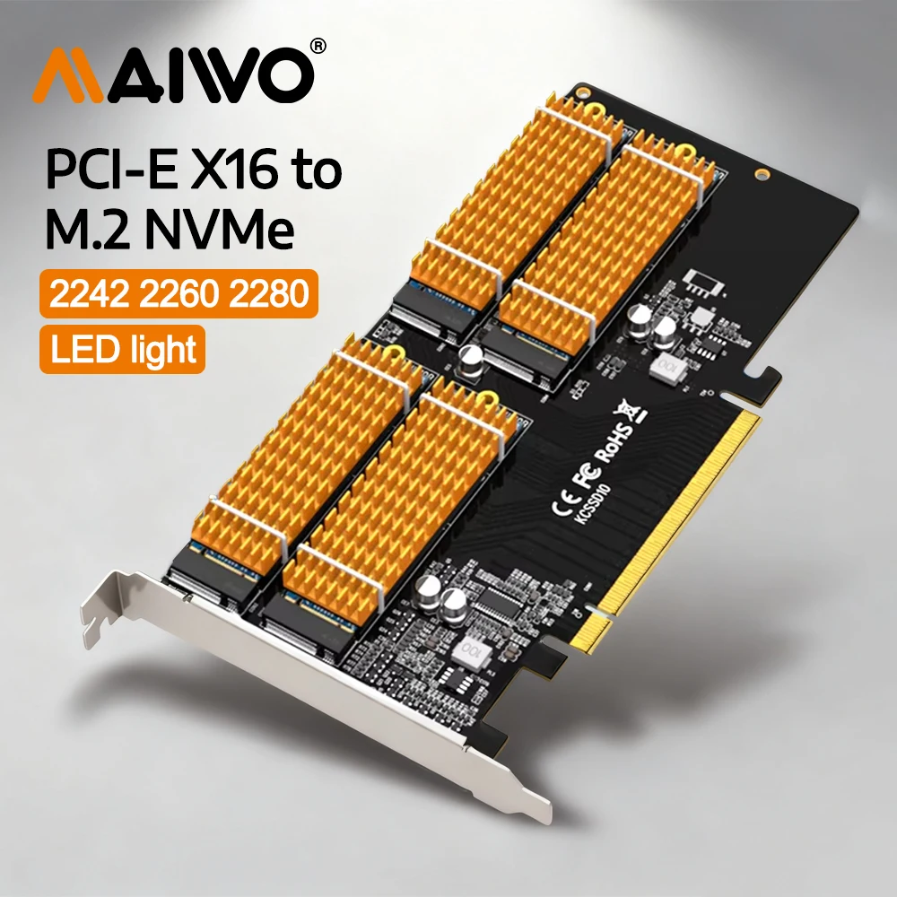 MAIWO NVMe Expansion Card PCIe 3.0 to M.2 NVMe SSD Converter 4 Bay Raid Array Card PC Motherboard PCI-e X16 for 2242 2260 2280mm
