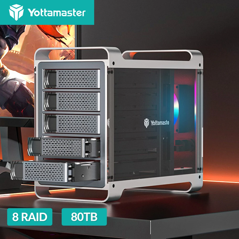 Yottamaster 2.5 3.5 inch SATA HDD SSD Enclosure 4/5 Bay RAID External Case House Multi Slot Port 5*18TB RGB Silent Fan HDD Case
