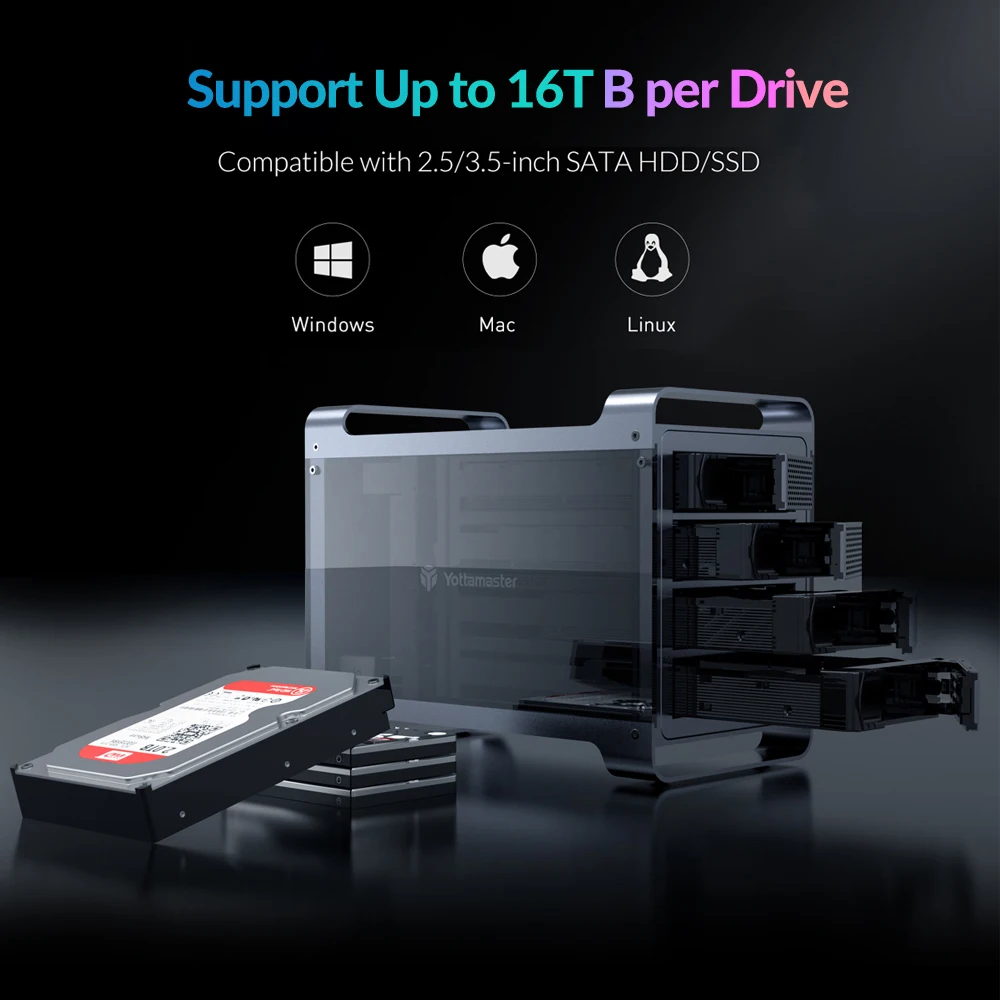 Yottamaster 2.5 3.5 inch SATA HDD SSD Enclosure 4/5 Bay RAID External Case House Multi Slot Port 5*18TB RGB Silent Fan HDD Case - Image 4