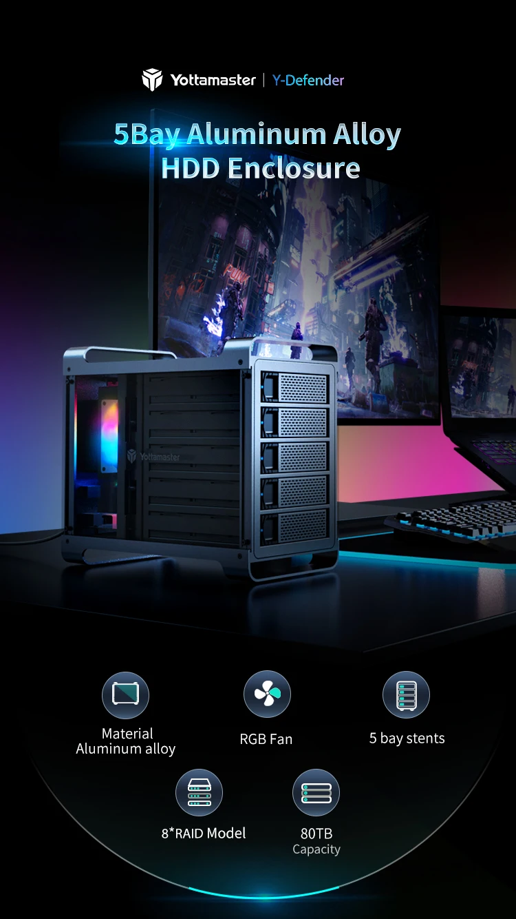 Yottamaster 2.5 3.5 inch SATA HDD SSD Enclosure 4/5 Bay RAID External Case House Multi Slot Port 5*18TB RGB Silent Fan HDD Case Yottamaster 2.5 3.5 inch SATA HDD SSD Enclosure 4/5 Bay RAID External Case House Multi Slot Port 5*18TB RGB Silent Fan HDD Case
