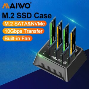 MAIWO M.2 NVMe SATA SSD Enclosure with Fan Cooling 10Gbps USB C Gen2 External Case Hard Drive Disk Copy 4 Bay Storage Box Copier