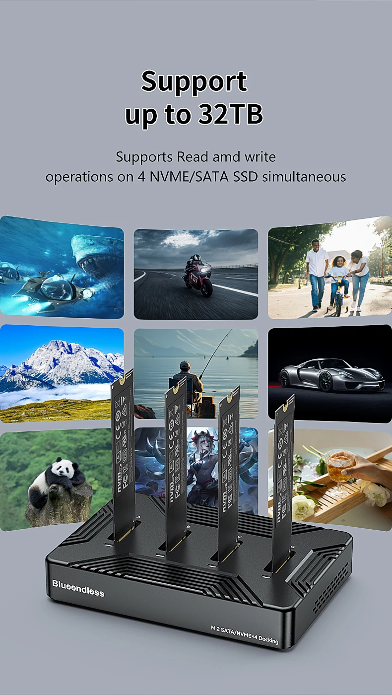 Blueendless 4 bay m2 SSD docking station Type C USB3.1 10Gbps m.2 NVME SATA ngff dual protocol Aluminum alloy SSD enclosure