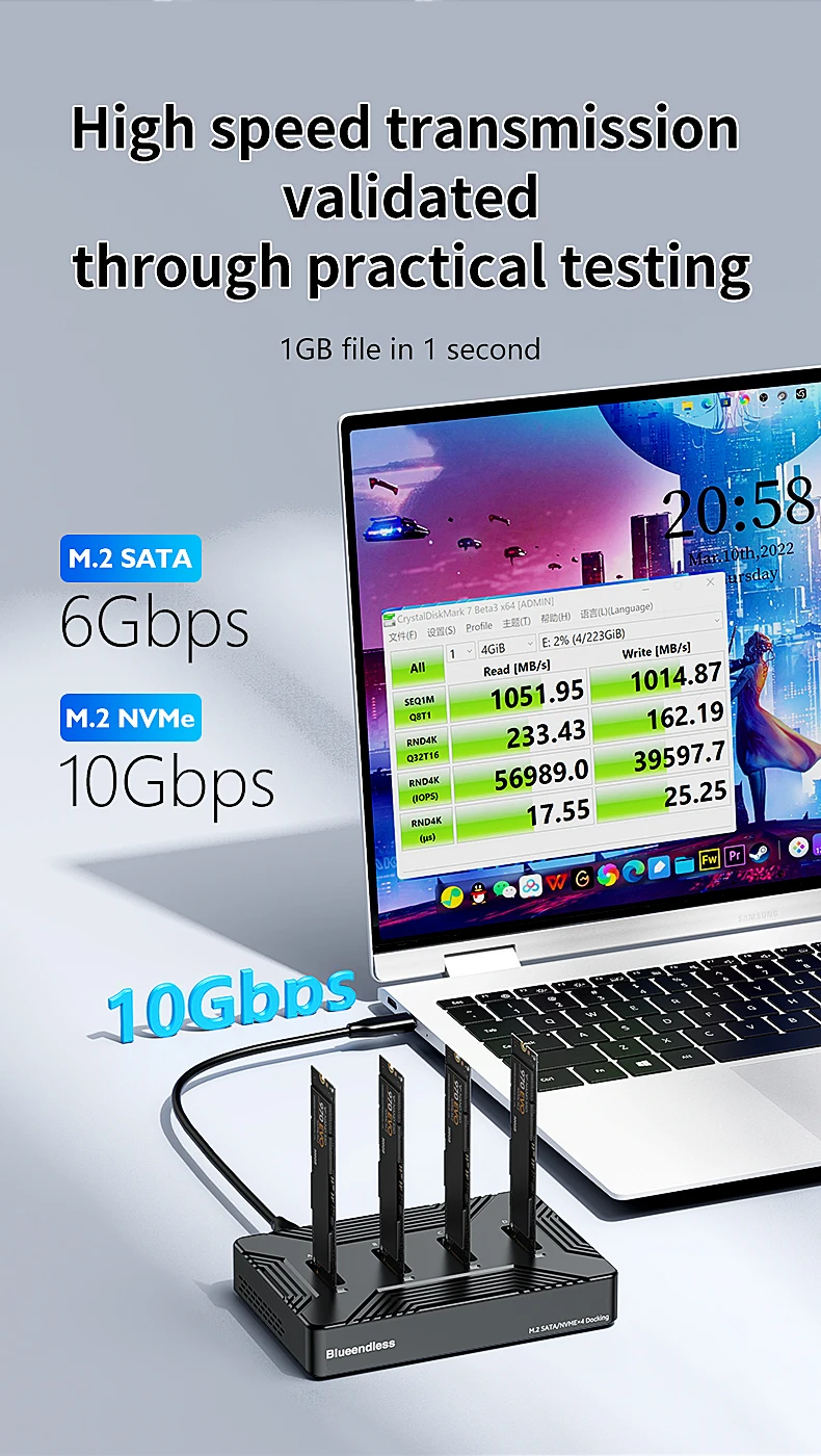 Blueendless 4 bay m2 SSD docking station Type C USB3.1 10Gbps m.2 NVME SATA ngff dual protocol Aluminum alloy SSD enclosure