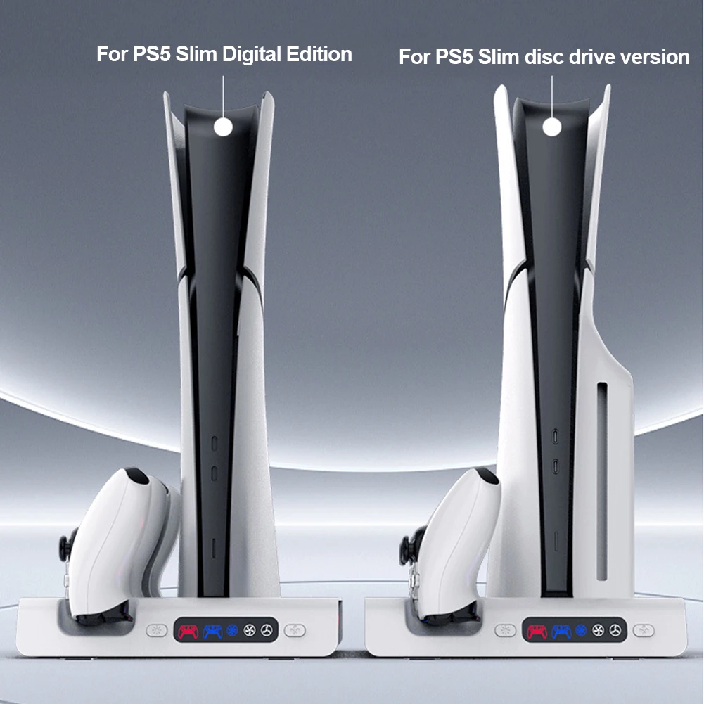 For PS5 Slim Stand Cooling Station With RGB Light Cooling Fan Dual Controllers Charger For PS5 Slim Console Digital&Disc Edition