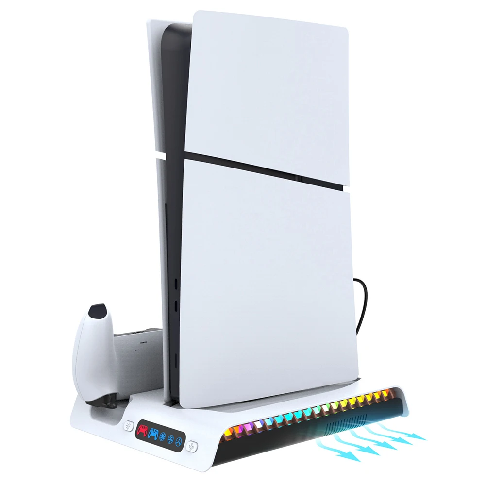 For PS5 Slim Stand Cooling Station With RGB Light Cooling Fan Dual Controllers Charger For PS5 Slim Console Digital&Disc Edition