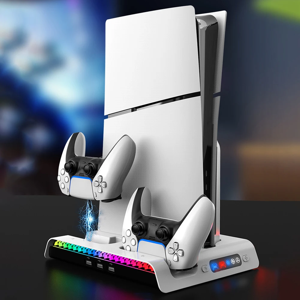 For PS5 Slim Stand Cooling Station With RGB Light Cooling Fan Dual Controllers Charger For PS5 Slim Console Digital&Disc Edition
