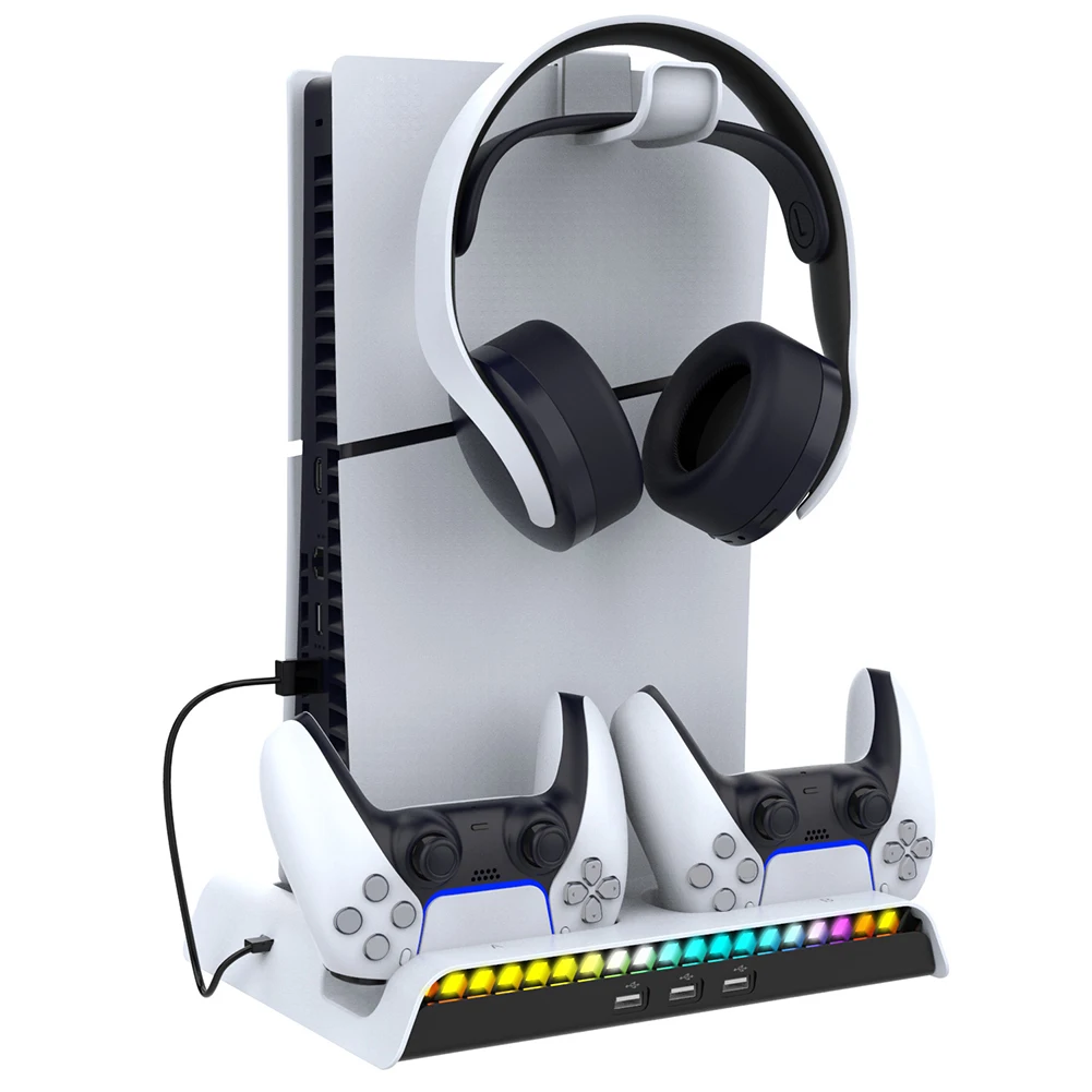For PS5 Slim Stand Cooling Station With RGB Light Cooling Fan Dual Controllers Charger For PS5 Slim Console Digital&Disc Edition