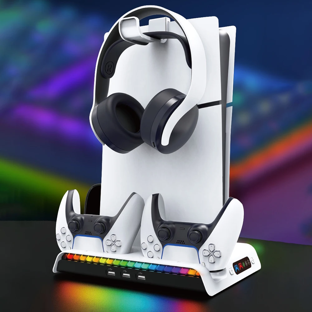 For PS5 Slim Stand Cooling Station With RGB Light Cooling Fan Dual Controllers Charger For PS5 Slim Console Digital&Disc Edition