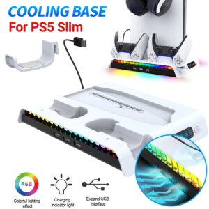 For PS5 Slim Stand Cooling Station With RGB Light Cooling Fan Dual Controllers Charger For PS5 Slim Console Digital&Disc Edition