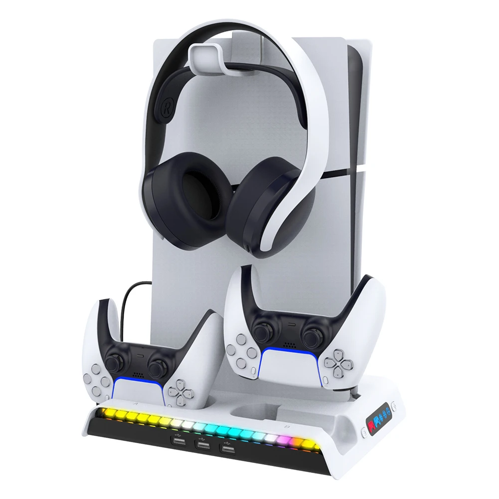 For PS5 Slim Stand Cooling Station With RGB Light Cooling Fan Dual Controllers Charger For PS5 Slim Console Digital&Disc Edition