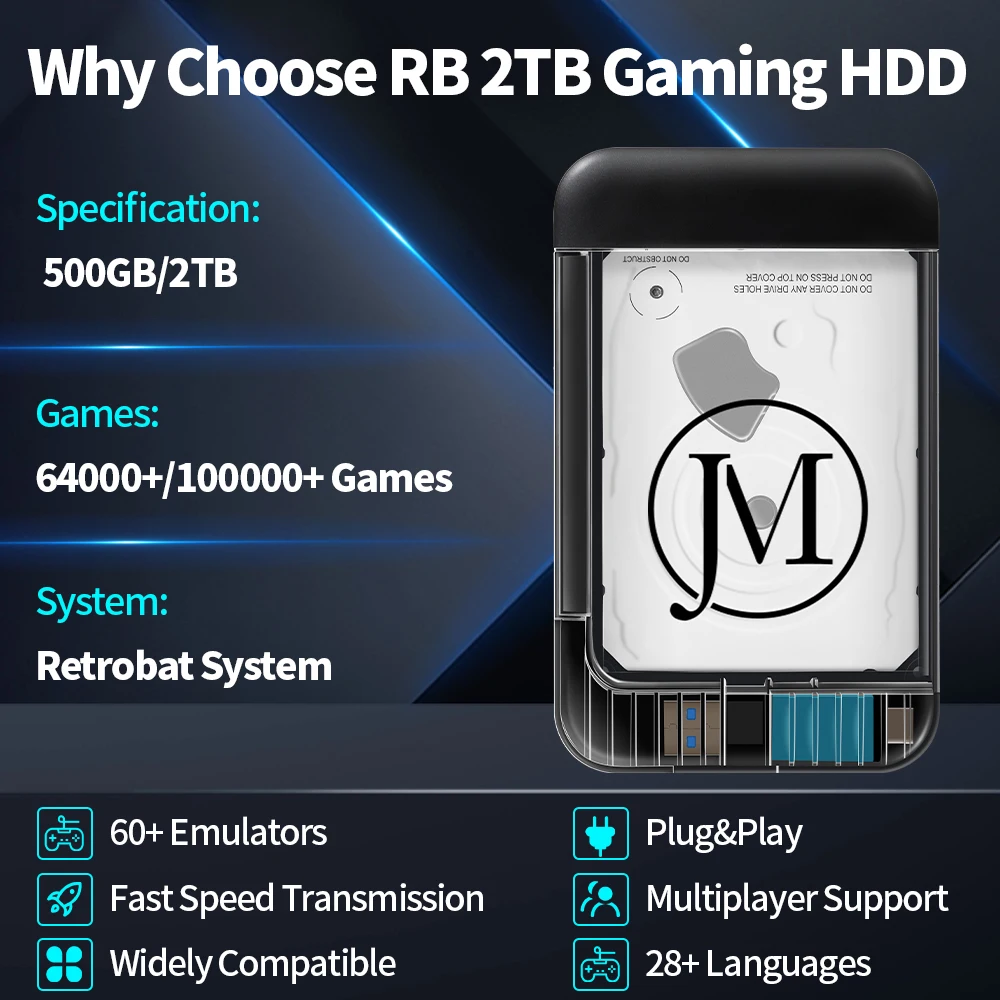 Retrobat 500G Game Hard Drive Retro Game Console with 63000+Retro Games for PS3/PS2/PS1/Wii/PSP/N64/MAME/SNES/3DS for Windows PC