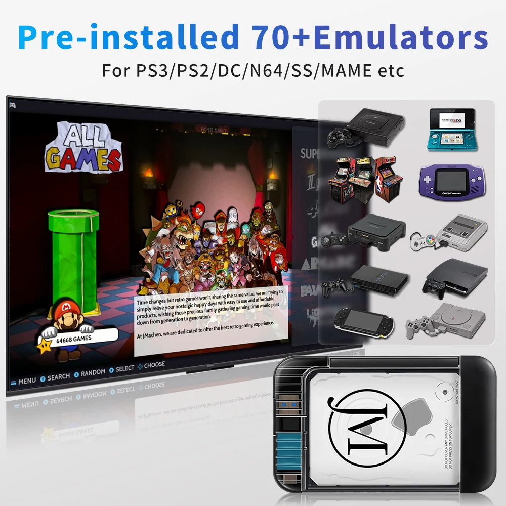 Portable 500G Retrobat Gaming HDD Game Consoles 70+Emulator 64000+Retro Games for PS3/PS2/DC/N64/PSP/MAME/SS/PS1  for Windows PC