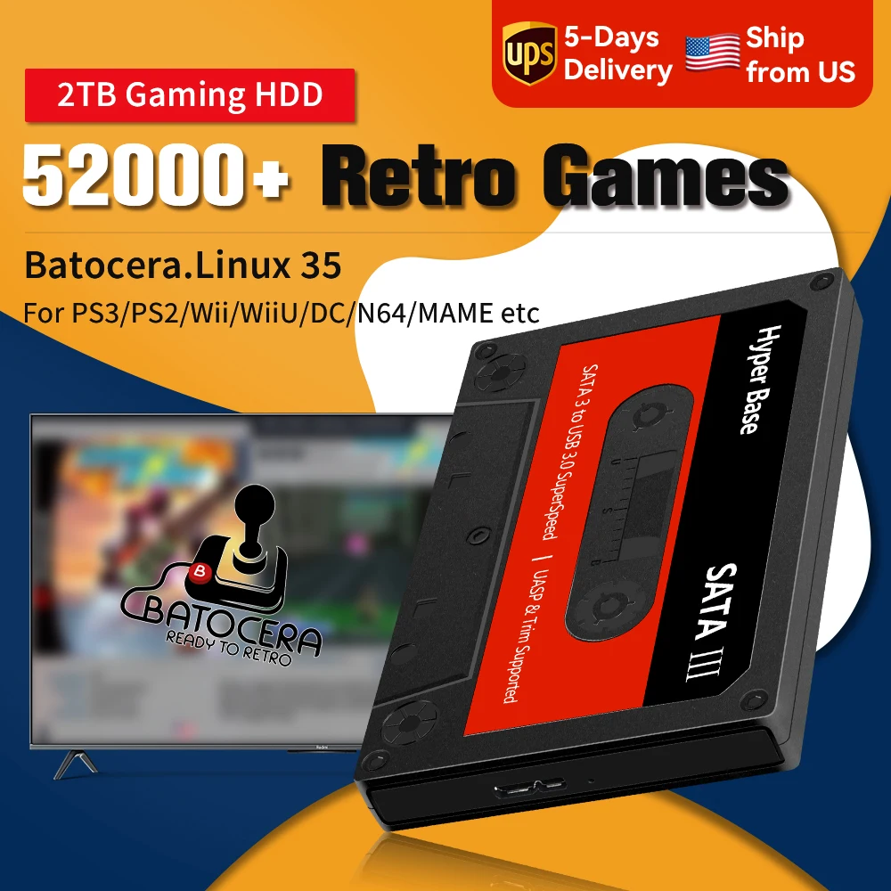 JMachen External 2T Game HDD Batocera 35 with 52000+Games For PS3/PS2/Wii/WiiU/DC/N64/MAME/SS Game Console for Windows PC/Laplop