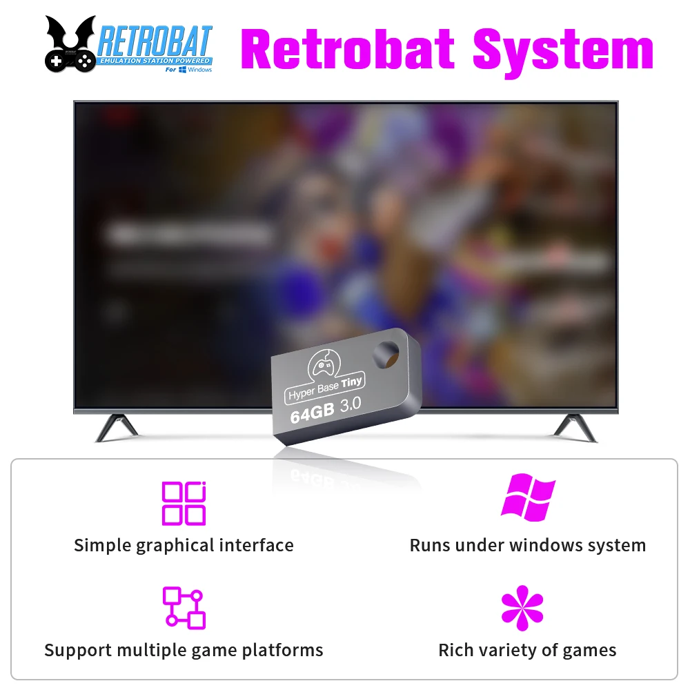 64G USB Game Stick With 8300+Retro Games For PSP/N64/SNES/NES/Gameboy/Dreamcast/DS For Windows PC&Handheld Retrobat Game Console