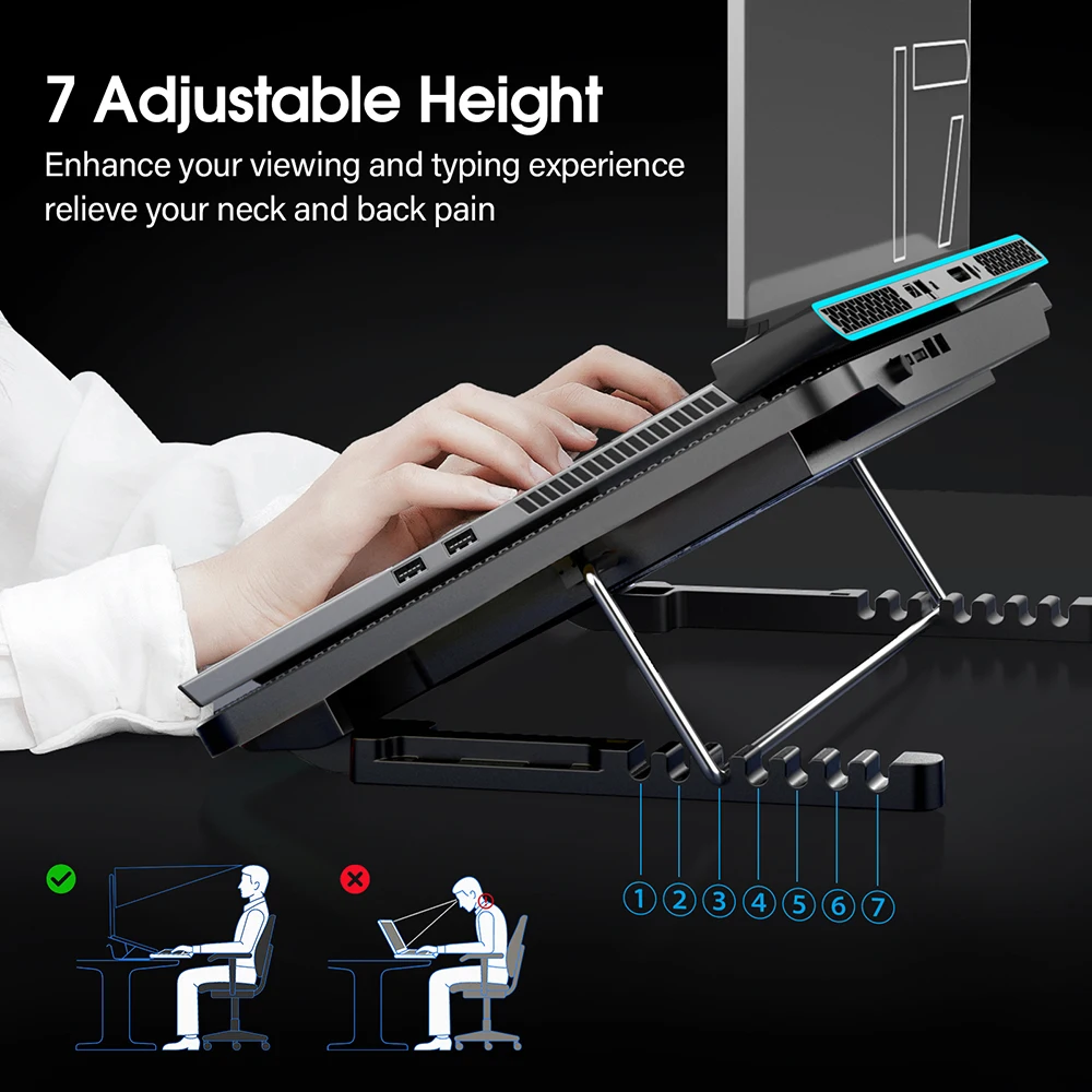 Coolcold 15.6-17.3inch Laptop Cooling Pad with 6 Quiet Fans,7 Height Wind Speed Adjustable,Laptop Cooer With Mobile Phone holder - Image 4