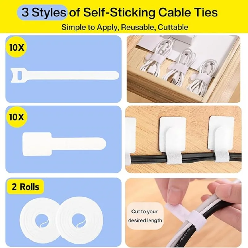 313PCS Cable Management 4Cable Sleeve Split 35Cable Clips 12Cord Holder 22Cable Ties 30Adhesive Cord Mount 200Fasten Cable Tie