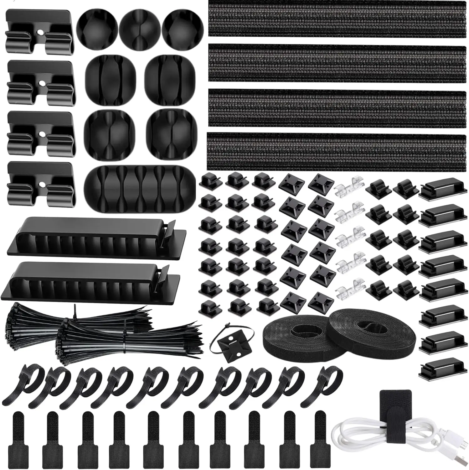 313PCS Cable Management 4Cable Sleeve Split 35Cable Clips 12Cord Holder 22Cable Ties 30Adhesive Cord Mount 200Fasten Cable Tie