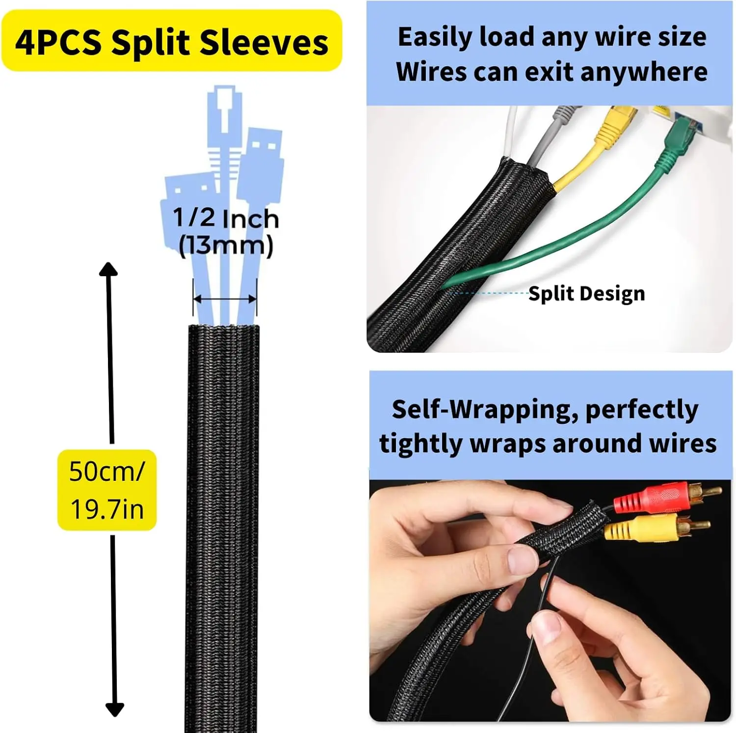 313PCS Cable Management 4Cable Sleeve Split 35Cable Clips 12Cord Holder 22Cable Ties 30Adhesive Cord Mount 200Fasten Cable Tie