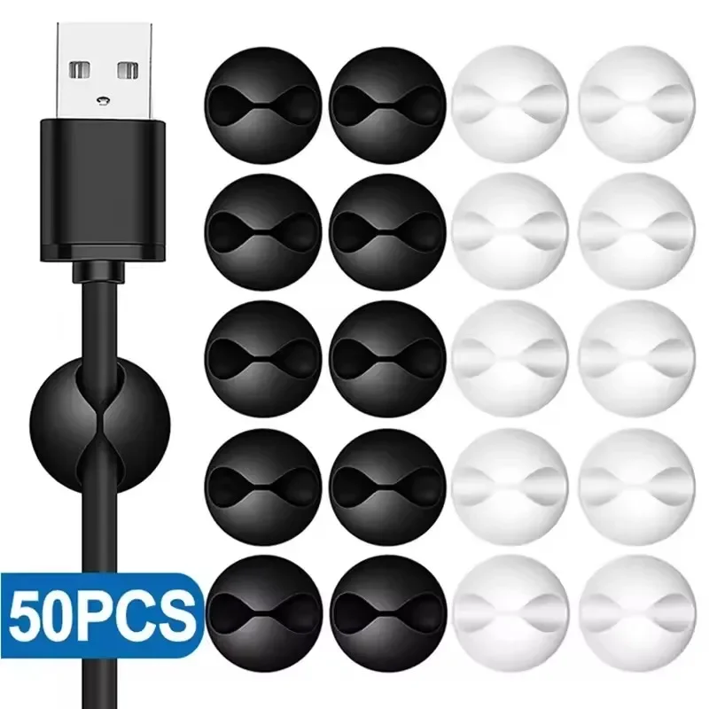 50/10PCS Self-adhesive Wire Fixer Cable Organizers Cable Holder Silicone Data Lines Desktop Management Compatible Clips Stickers